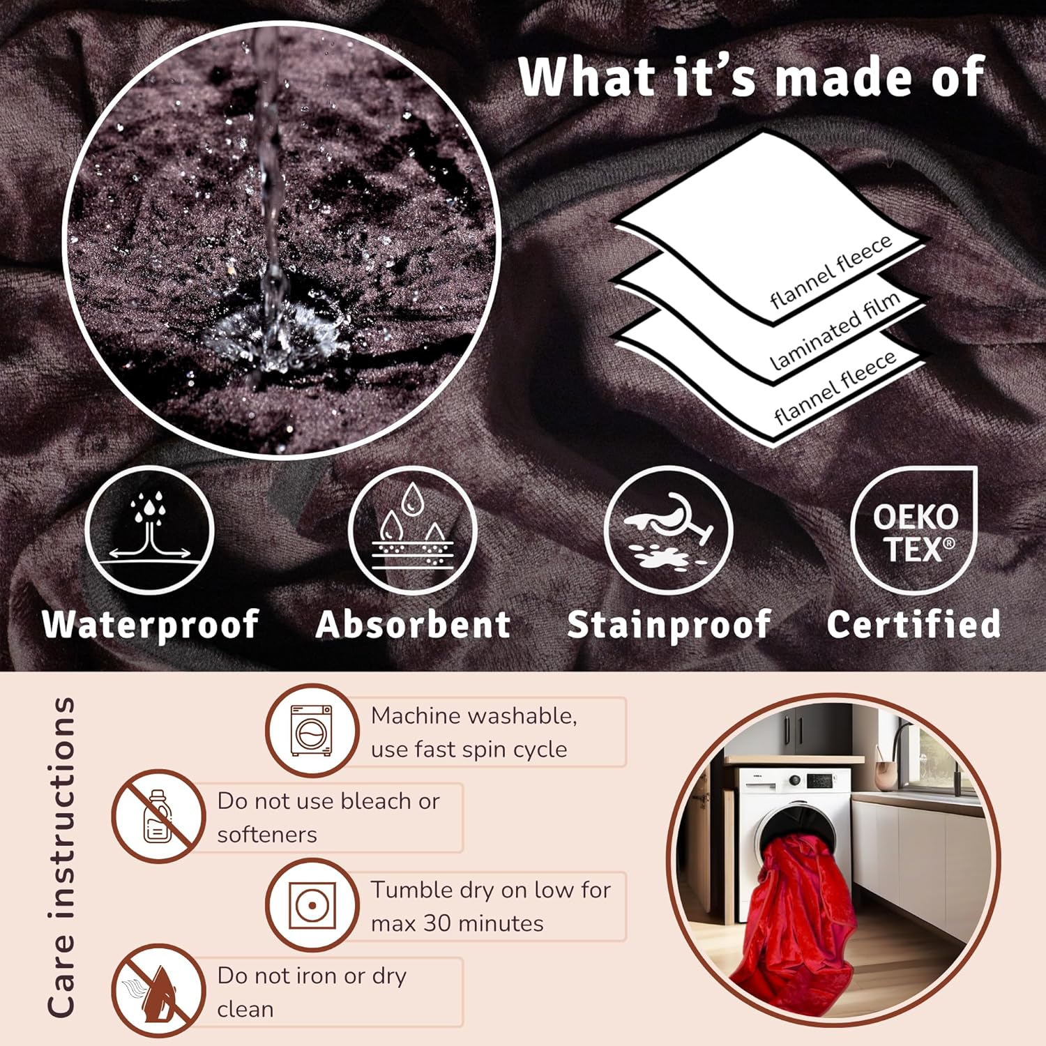 Velvety Waterproof Blanket, Black Large 140 X 100 Cm, Soft Waterproof Mattress Protector, Period Stain Proof Throw for Adults, Couples, Children & Dogs image number 7