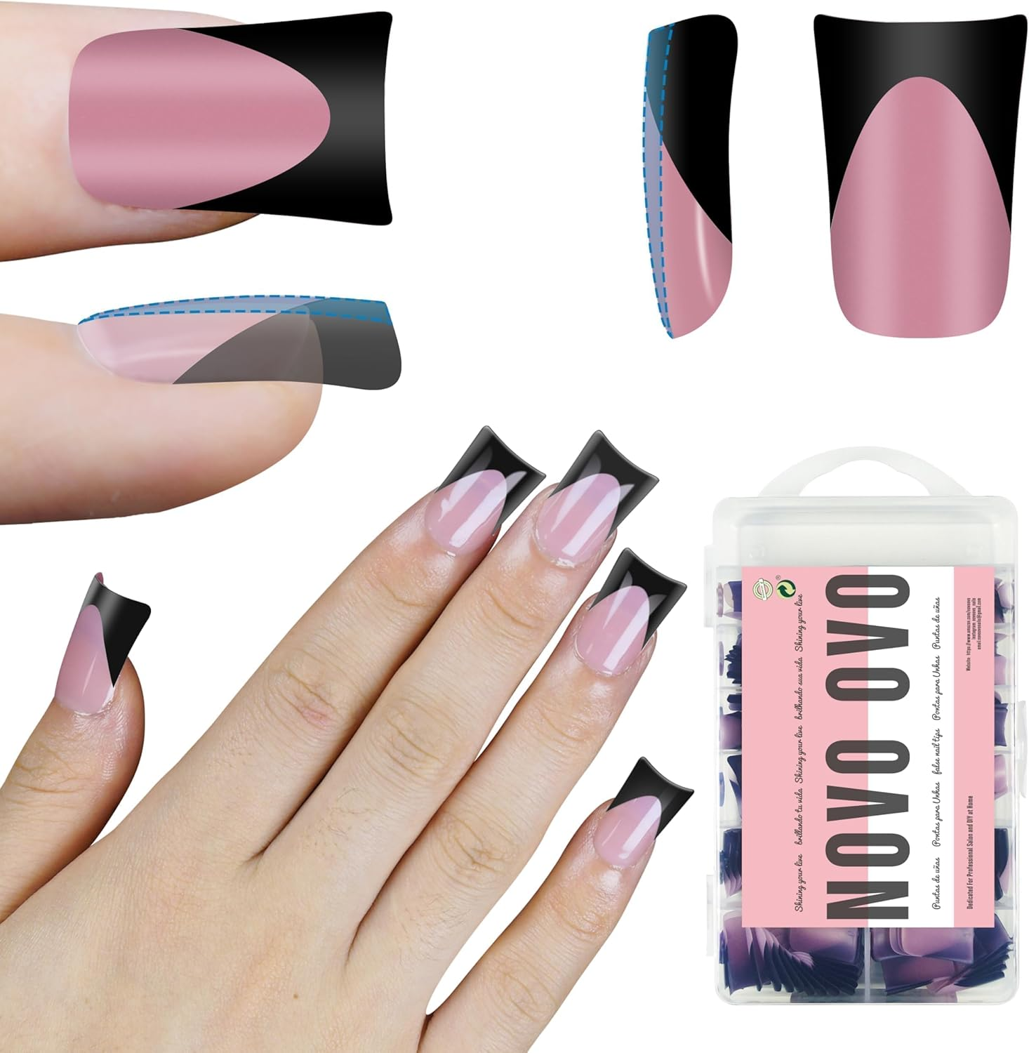 NOVO OVO Short Duck Nail Tips French Tip Press on ROSE PINK with Glitter, Pre-Designed Soft Gel Nail Extension, Pre-Applied Tip Base Coat, Full Cover Acrylic False Nails for DIY X 12 Sizes 240 Pcs