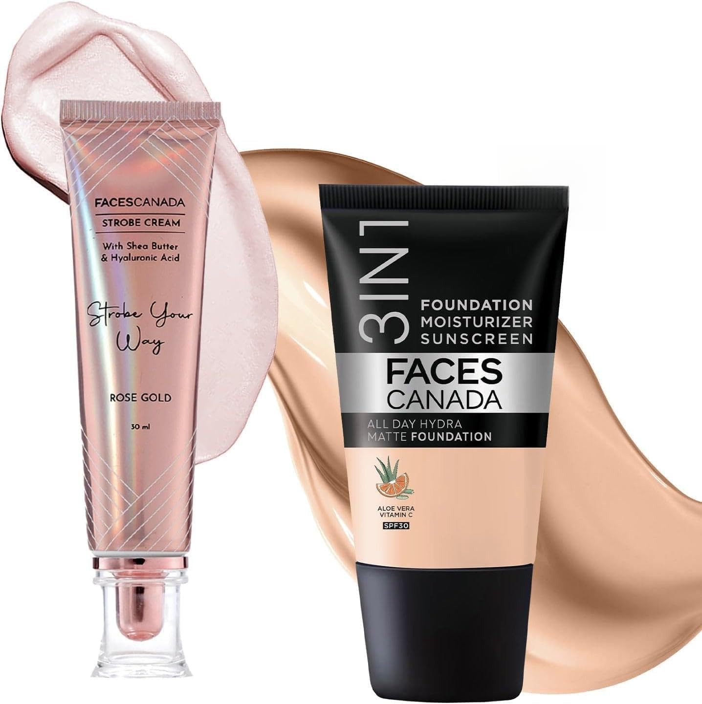 FACES CANADA Glow Kit | Rose Gold Strobe Cream (30Ml) + Rose Ivory All Day Hydra Matte Mini Foundation (18Ml) | Makeup Kit for Women (Combo Pack of 2)