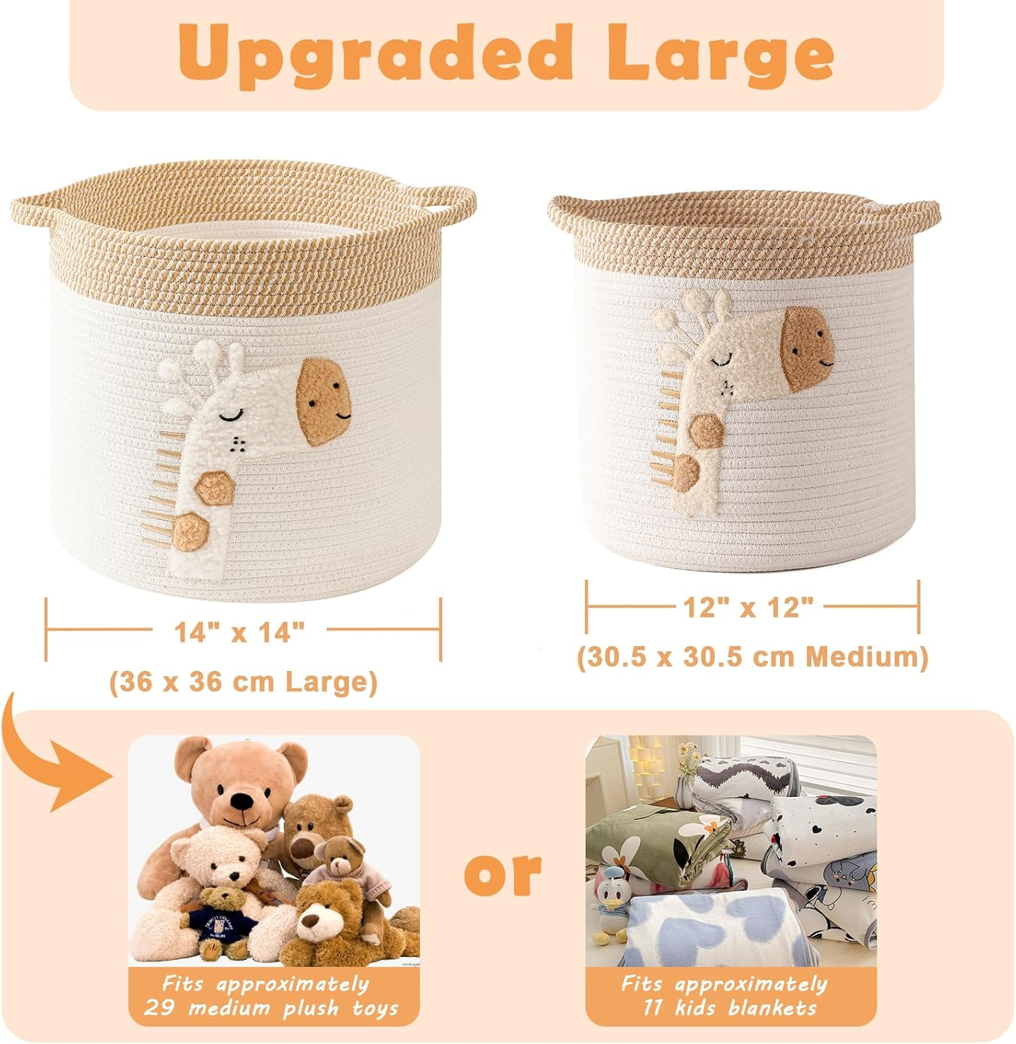 Large Blanket Baskets for Living Room Decor, Toy Storage Baskets Woven Cotton Rope Storage Basket for Kids, Dog Toys Organizer Clothes Hamper with Embroidery Decor for Nurserylaundry (Large, Giraffe)