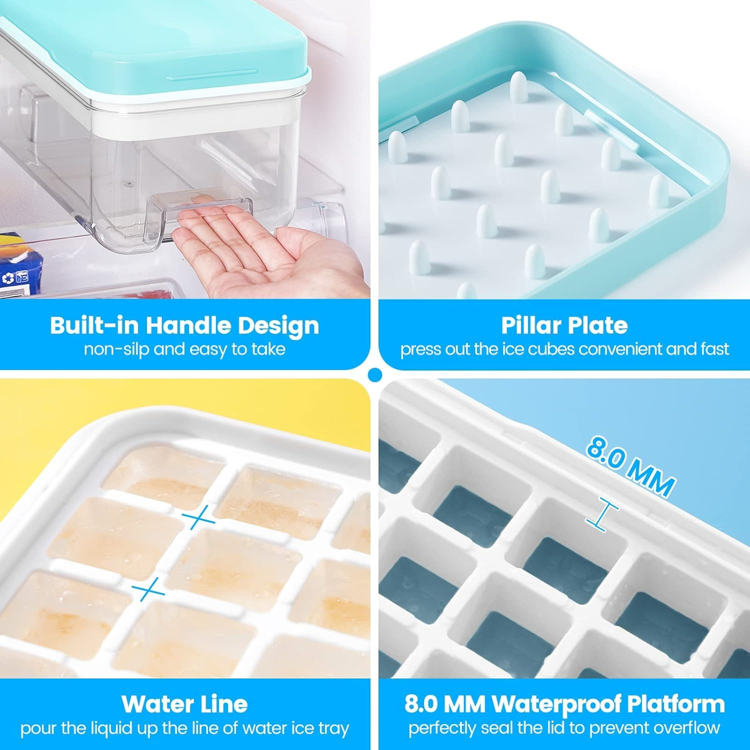 One Click Release Silicone Ice Cube Trays Ice Cube Tray with Lid and Bin, Tehalk 64 Pcs Ice Trays for Freezer, Ice Cube Trays for Freezer with 2 Trays, Container, Lid & Ice Scoop, BPA Free