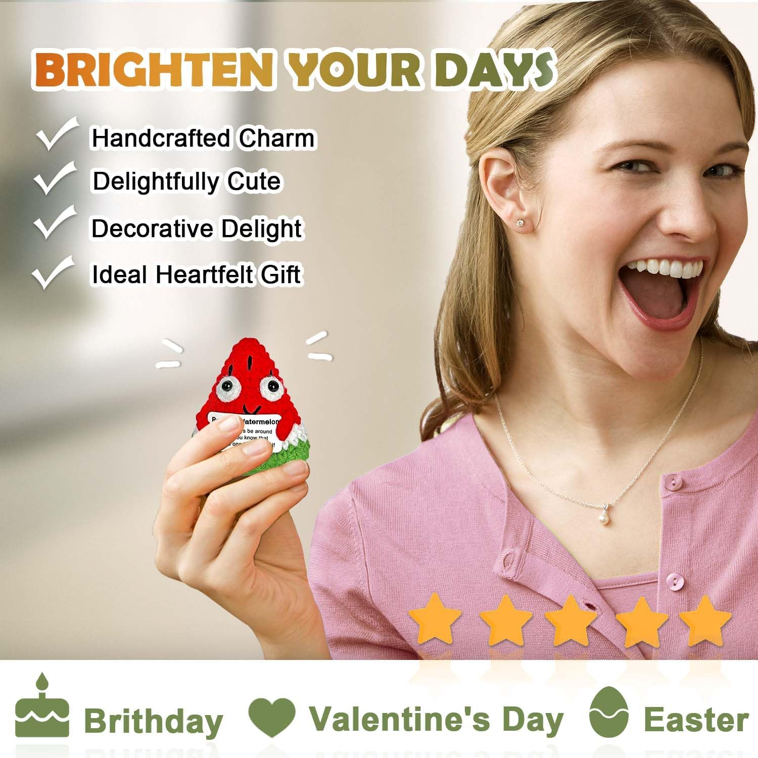 Crochet Watermelon Gift, Positive Crochet Animals, Red, Yarn-Wrapped, Bamboo, Home Decor, Gift-Giving, Emotional Support image number 4