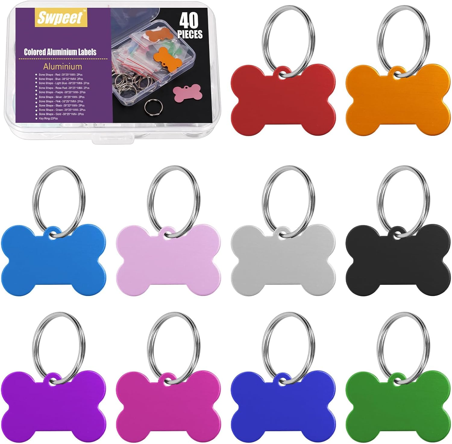 Swpeet 40Pcs 10 Colors 35Mm/ 1.37" round Aluminum Blank Tags with Key Ring Assortment Kit, Engraving Stamping Blank Tags Pet ID Tag for Pendant Decoration, DIY Keychains and Pets Tag Project