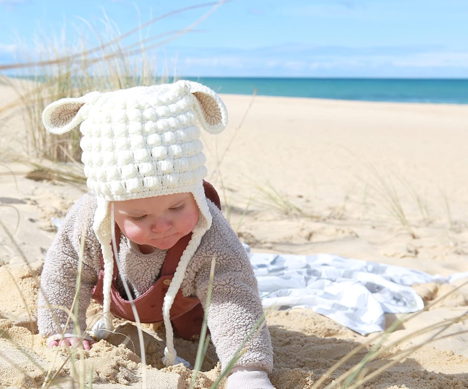 Tinker Tot Winter Baby Beanie L Lamb 1-4 Months Soft & Warm Crocket Knit Kids Beanie for Boys and Girls with Warm Earflap L Handmade Newborn Baby to Toddler Beanie Hat &ndash; S image number 5