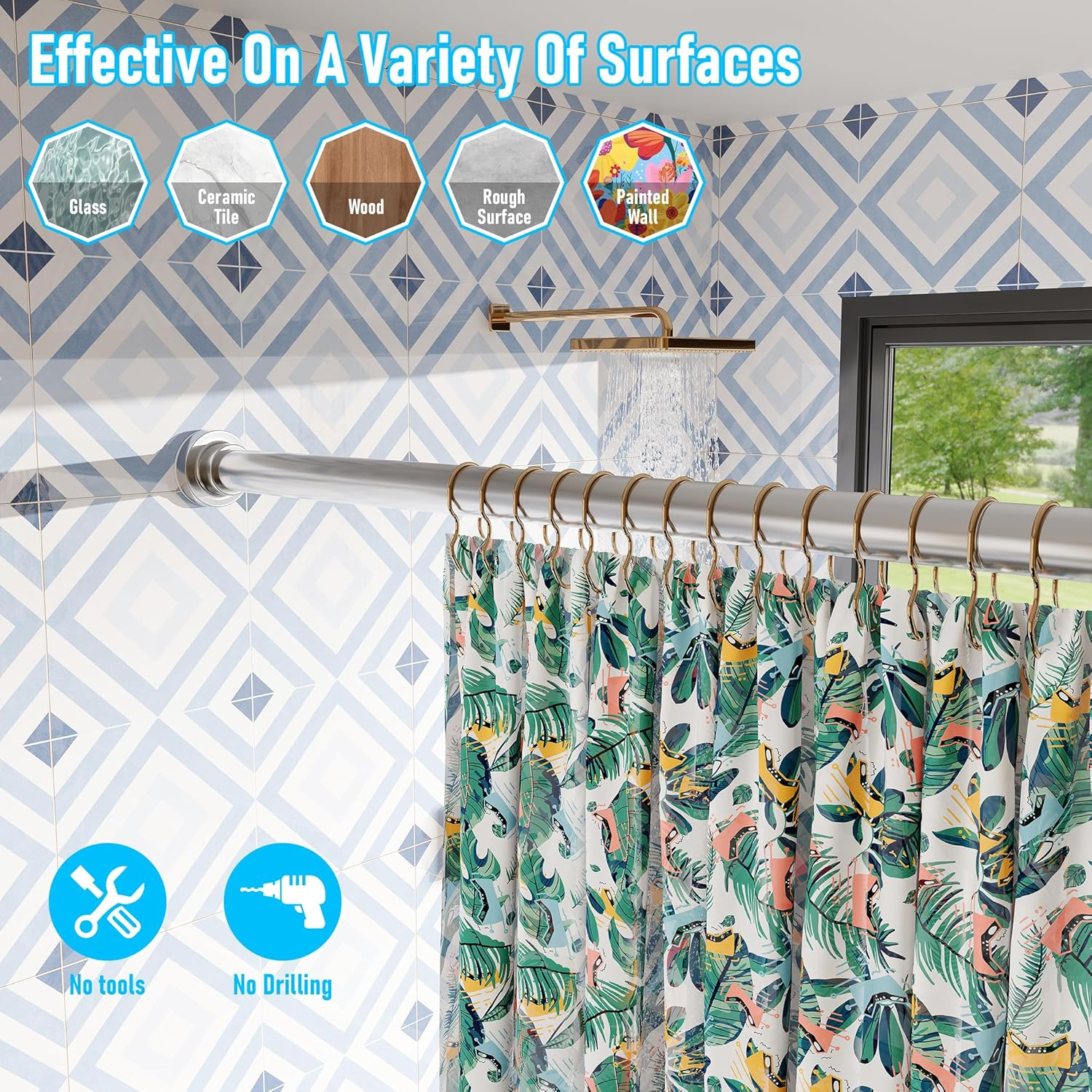 Shower Curtain Rod No Drill，80-155Cm Adjustable Curtain Rod，Stainless Steel Curtain Rod for Bathrooms, Wardrobe, Window，Non Slip, No Rust, No Drill,Brush Nickel image number 2