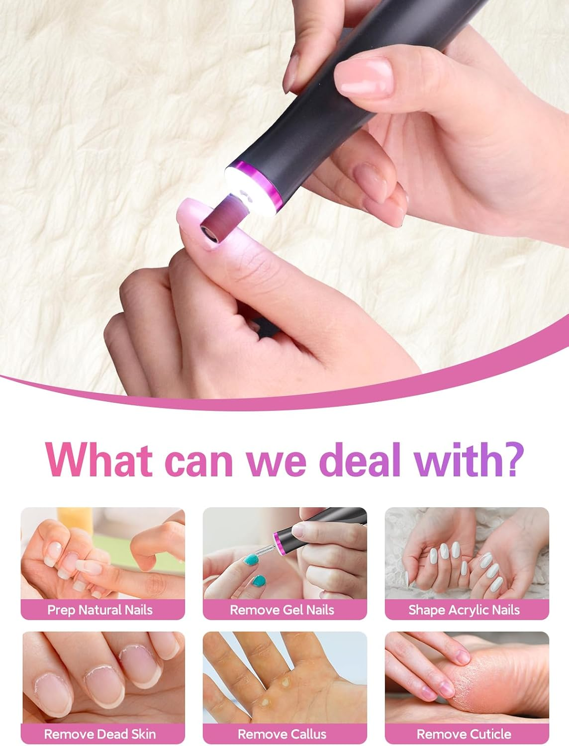 Cordless Nail Drill, Portable Electric Nail File with LED Light for Acrylic Gel Nails, Rechargable 22000RPM Nail Efile Drill Machine Kit with 6 Nail Drill Bits for Home Manicure Pedicure, Gray - Purple image number 6