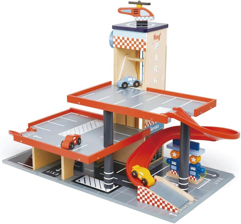 Tender Leaf Toys - Blue Bird Service Station - Classic Wooden Garage and Service Station for Cars and Helicopter with Ramps, Petrol Pumps and Car Wash Center - Imaginary and Roleplay for Children 3+ image number 3