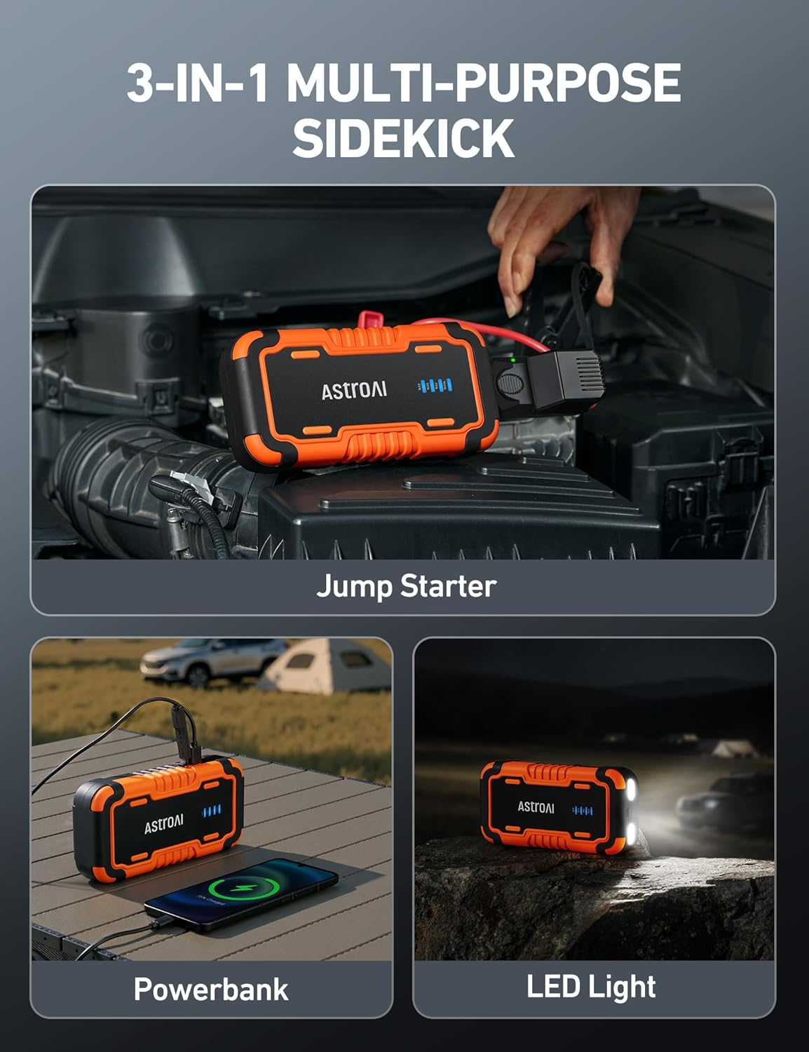 Astroai P12 Car Battery Jump Starter Power Bank 6000A &ndash; Portable Car Jump Pack for 12V Cars (All Petrol / 12L Diesel), Motorbikes, Car Battery Charger Includes LED Flashlight, Orange image number 3