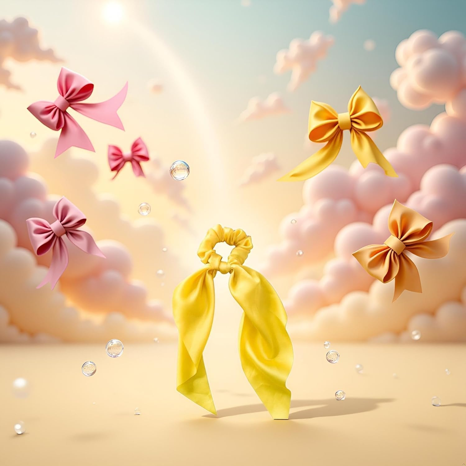 Yellow Women Girl Bow Satin Ribbon Ponytail Scarf Hair Tie Rope Scrunchies Elastic Band Hair Scrunchies Bands Elastics and Ties Beauty and Personal Care Hair Care, Hair Accessories image number 4