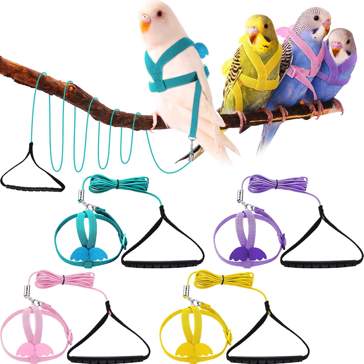4 Pieces Pet Parrot Bird Harness Leash Adjustable Bird Flying Harness Traction Rope with Cute Wing for Parrots Pigeons Budgerigar Lovebird Outdoor Training Toy (Pink, Yellow, Light Purple, Cyan,S) image number 4