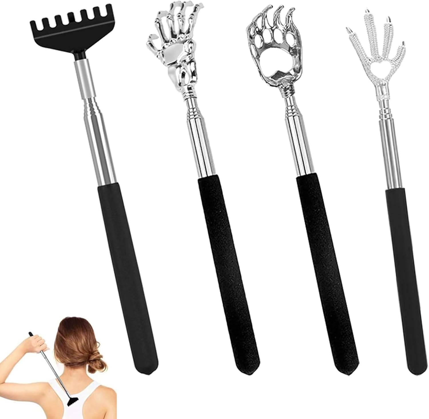 Back Scratcher, 4 Pcs Back Massager, Massage Stick, Black Portable Extendable Stainless Steel Itch Scratchers for Adults Men Women Itch Relief, Bear Claw & Eagle Claw & Demon Hand Various Shapes