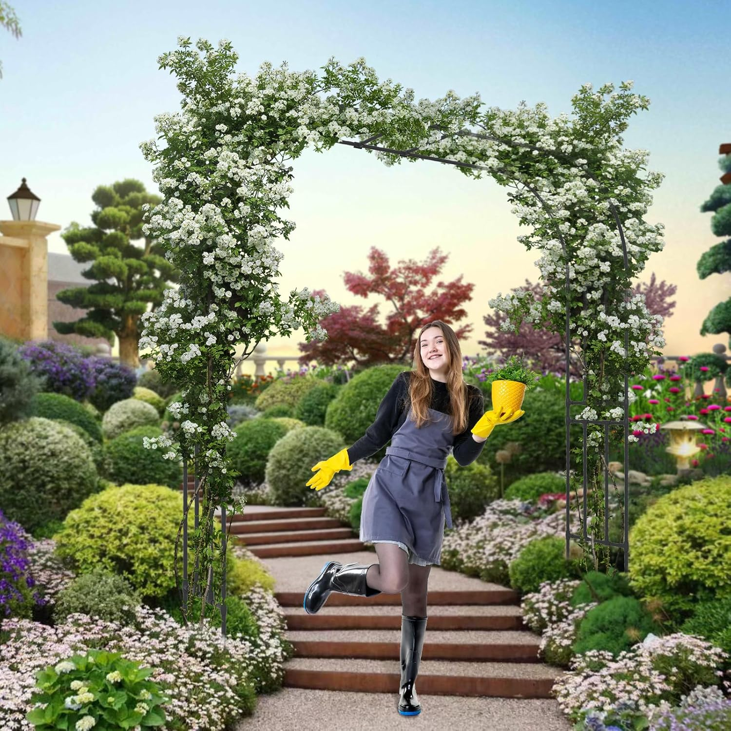 BUKLIYN Garden Arch Trellis - Length: 98.5In, Height: 94.5In Iron Garden Arch Arbor Trellis for Climbing Plants Outdoor - Garden Arch for Lawn, Party, Ceremony Wedding Decoration (Black) image number 5