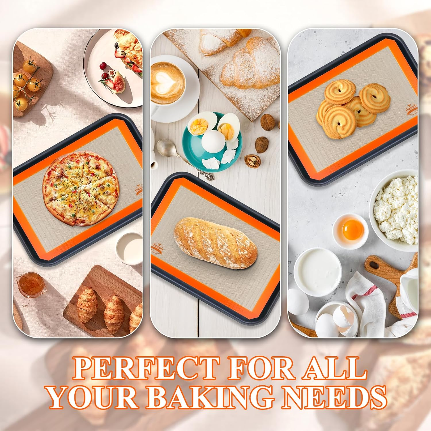 Silicone Baking Mat, Set of 3 Reusable Non-Stick Food Safe Baking Sheets for Cookies,For Making Cookies, Macaroons, Bread (Orange) - Orange image number 3