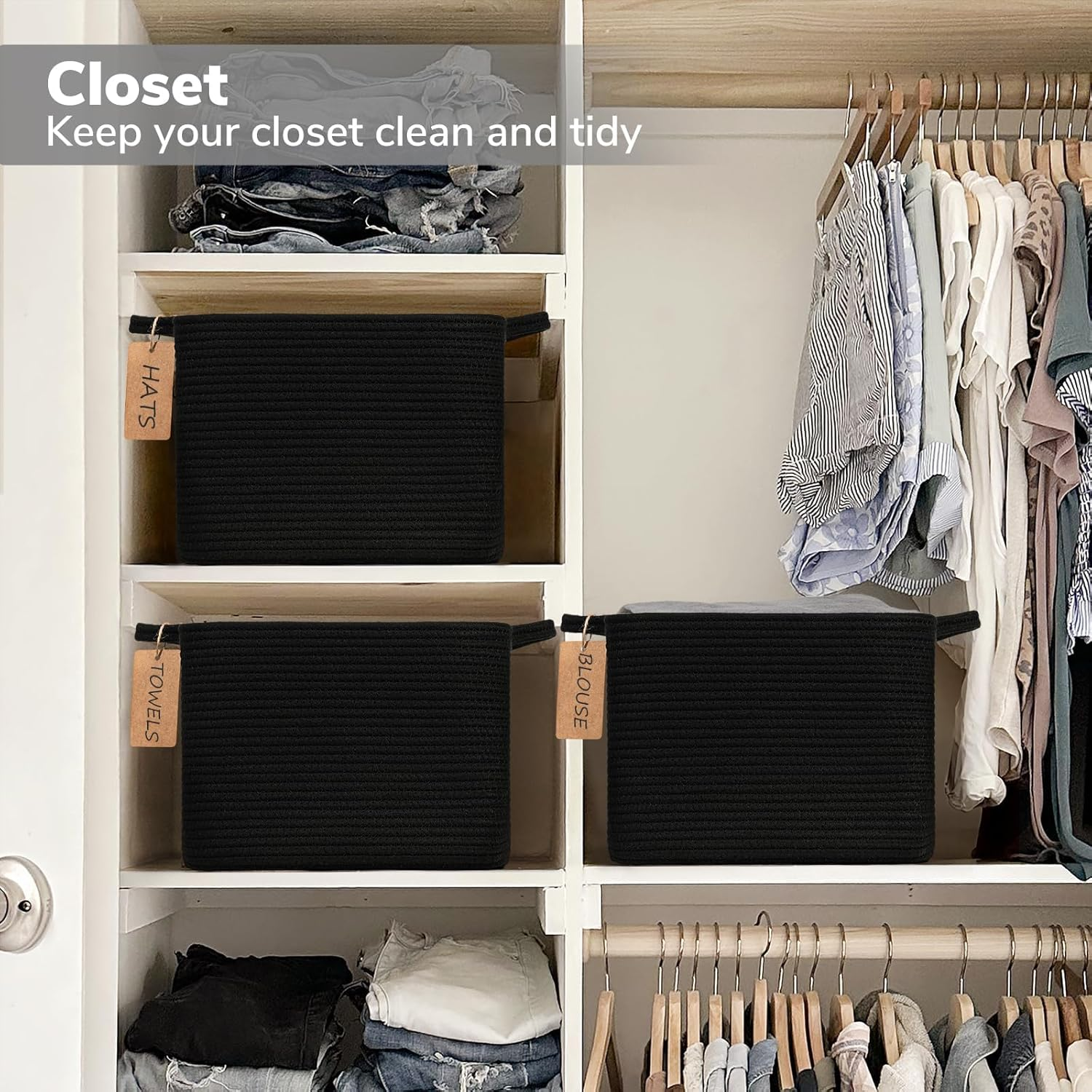 Storage Basket, Woven Baskets for Shelves, Cotton Rope Basket for Toys, Towel Baskets for Bedroom, 33 X 25 X 23Cm, 3 Pack, Black image number 5