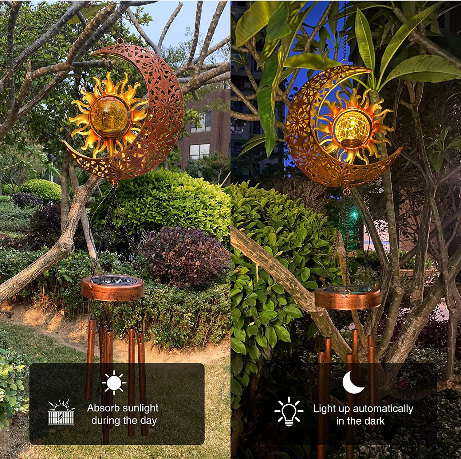 Solar Wind Chimes-Outdoor outside Garden Decorative Wind Chime Light with Cracked Ball-Waterproof Metal LED Hanging Chime Decor (Moon&Sun) image number 3