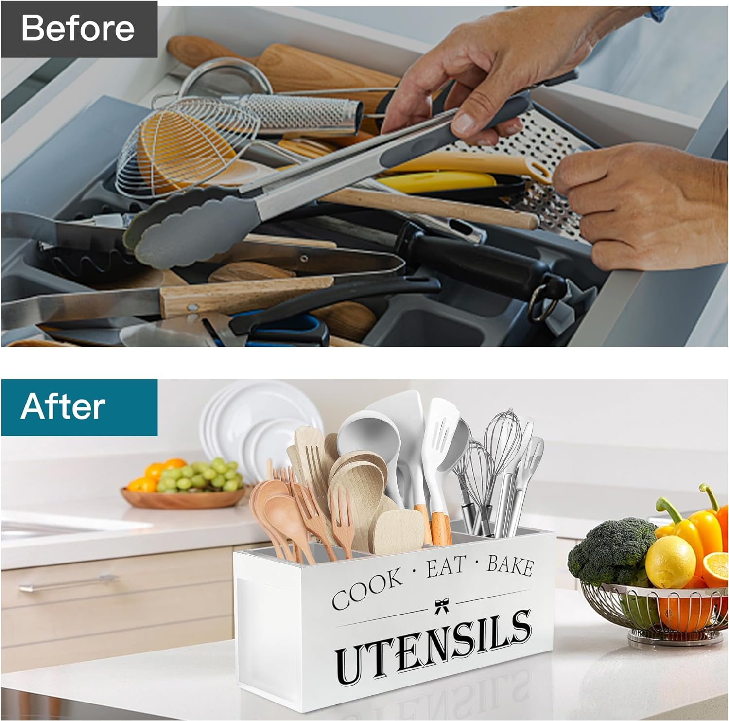 Suli Extra Large Kitchen Utensils Holder with 4 Compartments, Wooden Utensil Organizer for Countertop, Farmhouse Kitchen Decor, Rustic Cooking Utensil - White image number 5