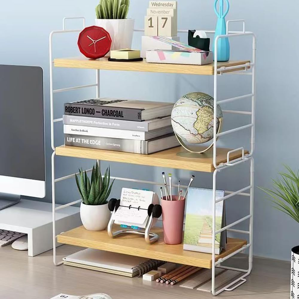 Joiena Desktop Bookshelf 2 Tier Organizer, Adjustable Wood Desktop Bookcase Office Desk Display Storage Shelf Rack, Plant Stand, Decor for Kids, Office Kitchen Living (White) image number 1
