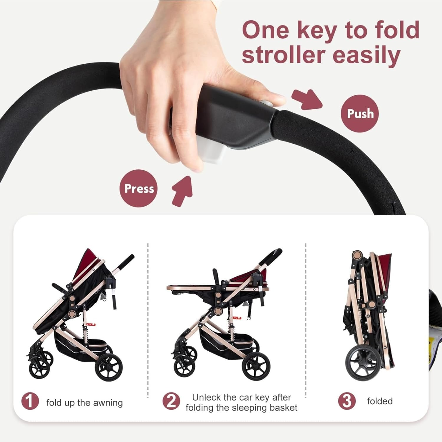 3-In-1 Baby Stroller Pram & Bassinet | Travel Pram with Shock Absorption, Reversible Seat & One-Hand Fold | High View, 5-Point Harness & 50KG Capacity | Wine Red Canopy with UPF 50+ image number 5