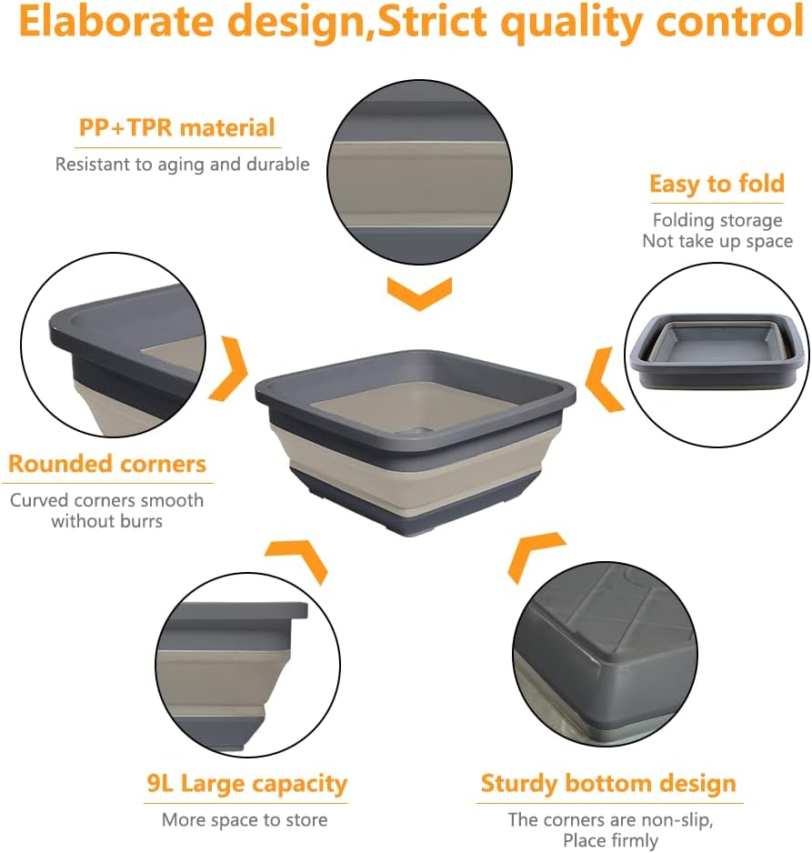 Collapsible Multipurpose Plastic Dish Basin, Space-Saving Outdoor Multiuse Foldable Ice Bucket for Camping,Hiking,Fashing (Black-Square) - Dishpan+Bucket image number 3