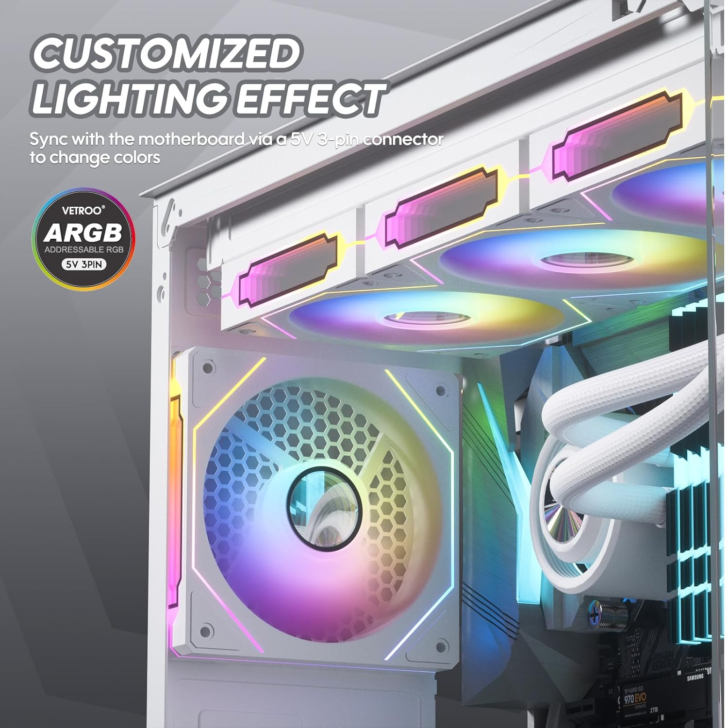 Vetroo L120 3-Pack 120 Mm ARGB Case Fan with Infinite Mirror Design & PWM Smart Control, Hydraulic Bearing, Nine Blades Design & 8 Rubber Pads for Low-Noise Operation - White image number 4