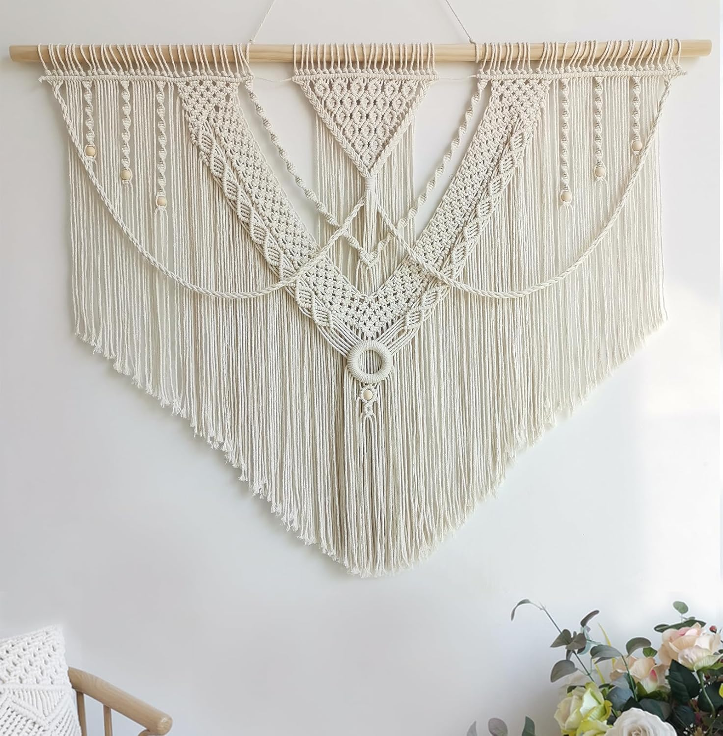 Achart Macrame Wall Hanging Large- Boho Wall Decor- Large Wall Art- Wall Decor Living Room- Macrame Tapestry Boho Decor for Bedroom (Beige-H) - Beige-Flower image number 7