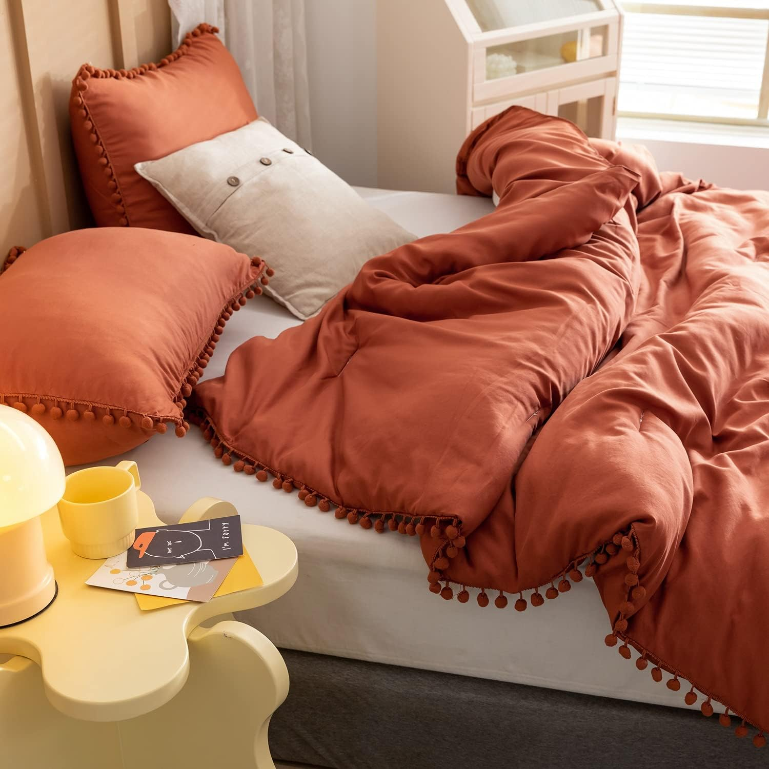 YIRDDEO Terracotta Queen Comforter Set 3Pcs Boho Ball Pom Bedding Aesthetic Burnt Orange Comforter Queen Sized Comforter Sets Rust Bed Setsolid Color for Women Men (1 Comforter 2 Pillowcases) image number 4