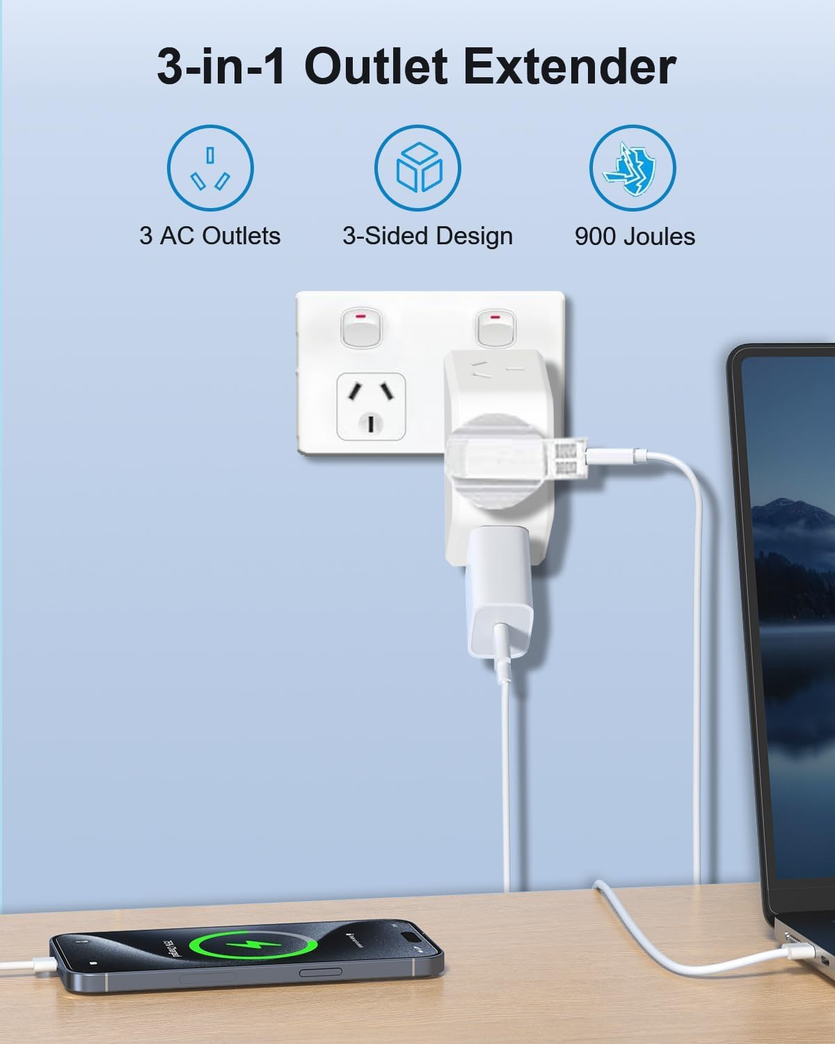 3In1 Outlet Extender, 3 AC Outlets Power Board, 3 Way Socket, No-Bloacking Multi Plug Power Strip, Compact Travel Adapter for Bathroom, Kitchen, Bedroom, Hotel, Office, Cruise (2-Pack)