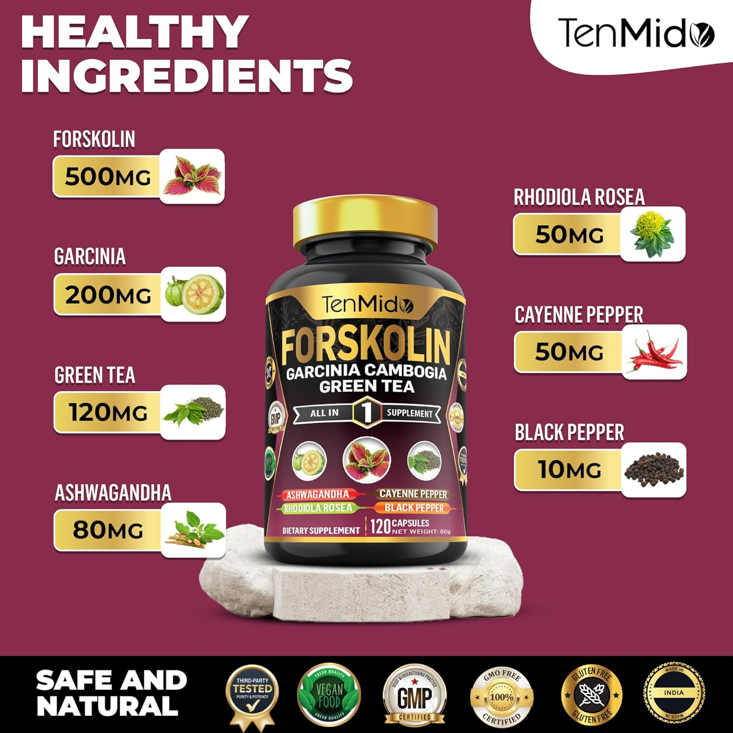 Forskolin Supplement with Garcinia Cambogia, Green Tea, Ashwagandha, Rhodiola, Cayenne & Black Pepper - 120 Non-Gmo, Vegan Capsules image number 4