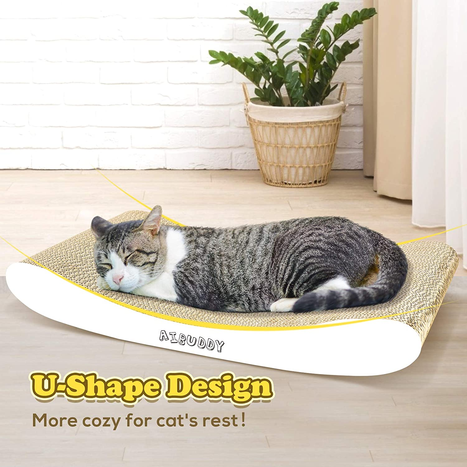 Aibuddy Cat Scratcher, Curve Scratching Pad Reversible Cardboard Lounge Bed with Organic Catnip [ 44X 25X 7Cm, Superior Cardboard & Construction]