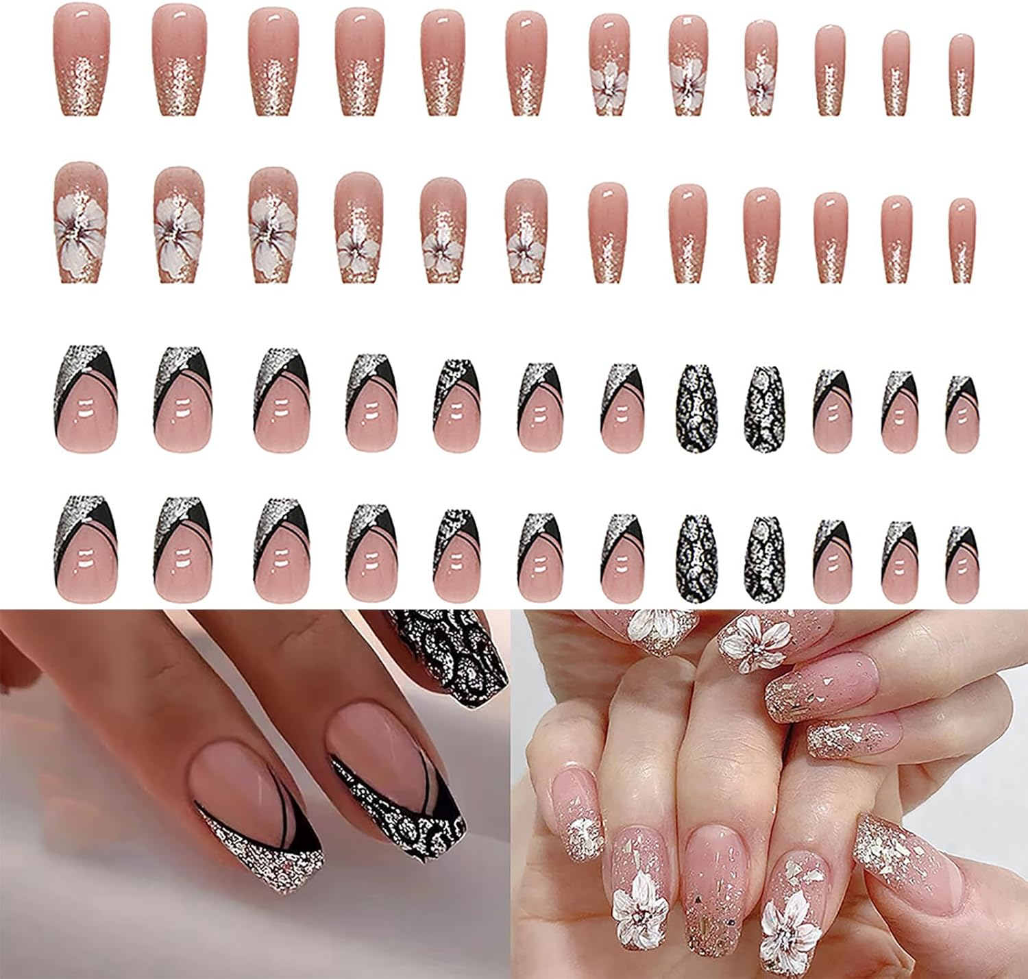 48 Pieces Natural Glitter Short Press on Fake Nails Acrylic Glue on Shiny Nails for Women and Girls Nail Art Accessories image number 2