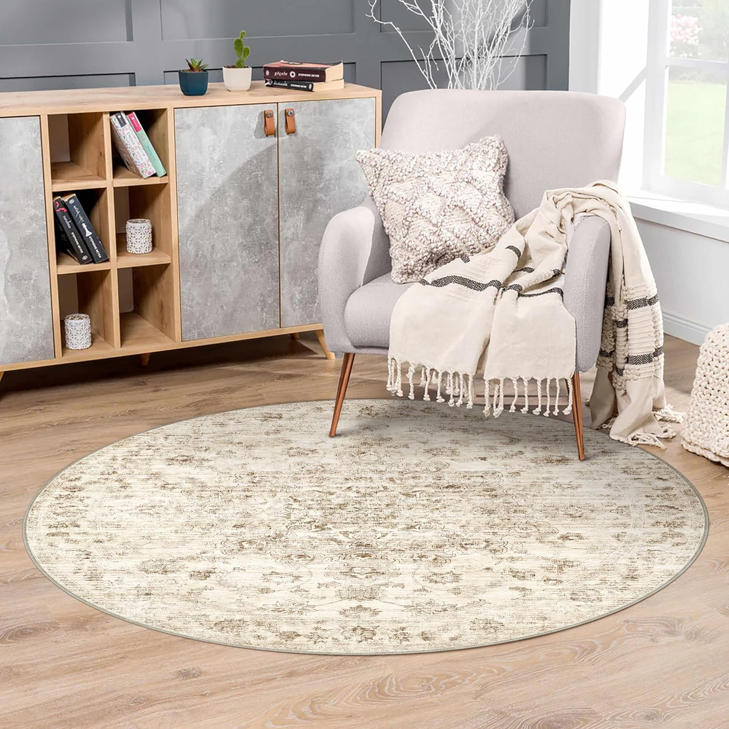 Purecozy Vintage Rugs for Living Room 160X230Cm Brown Office Washable Carpet Non Slip Bedroom Indoor Area Rug Low Pile Home Decor Retro Accent Rug for Dining Room Bathroom Kitchen