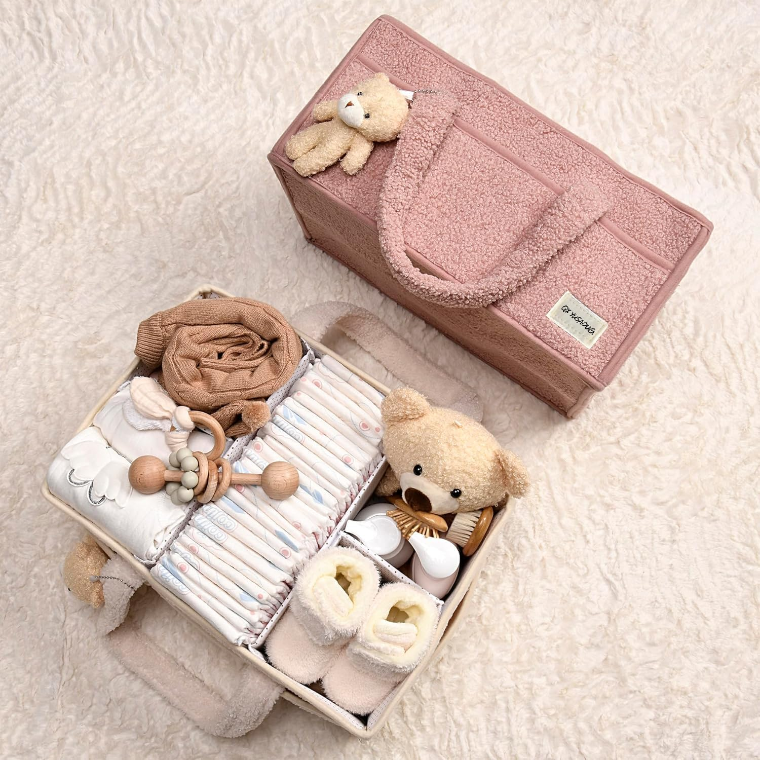 Baby Nappy Caddy Diaper Caddy Organizer, Baby Storage Basket for Diapers and Wipes (Baby Pink, with Bear) image number 4