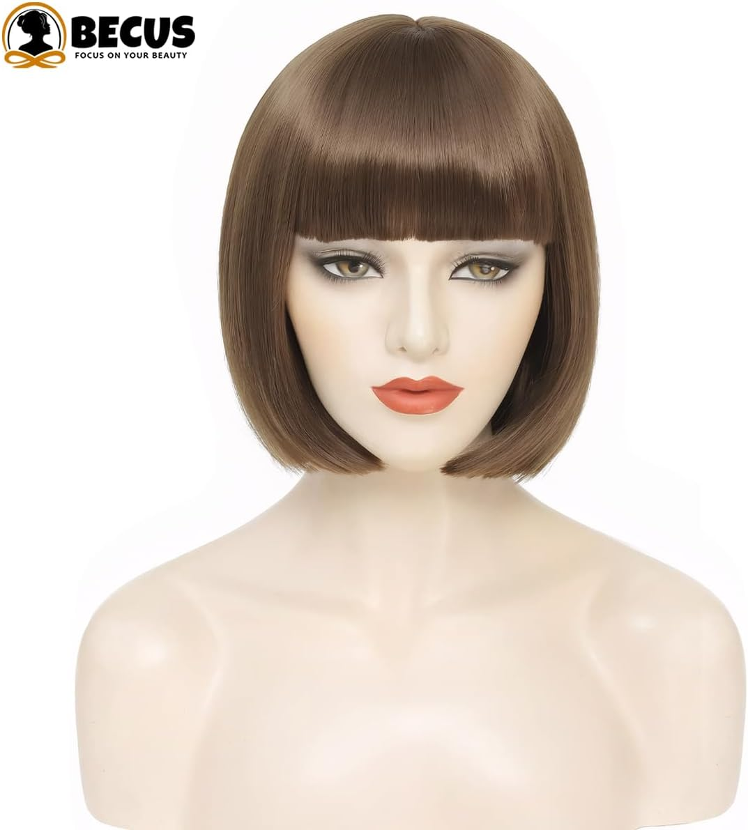BECUS Short Brown Bob Wig with Bangs,Brown Straight Bob Wigs for Women,Brown Bob Wig Heat Resistant Fiber for Cospaly