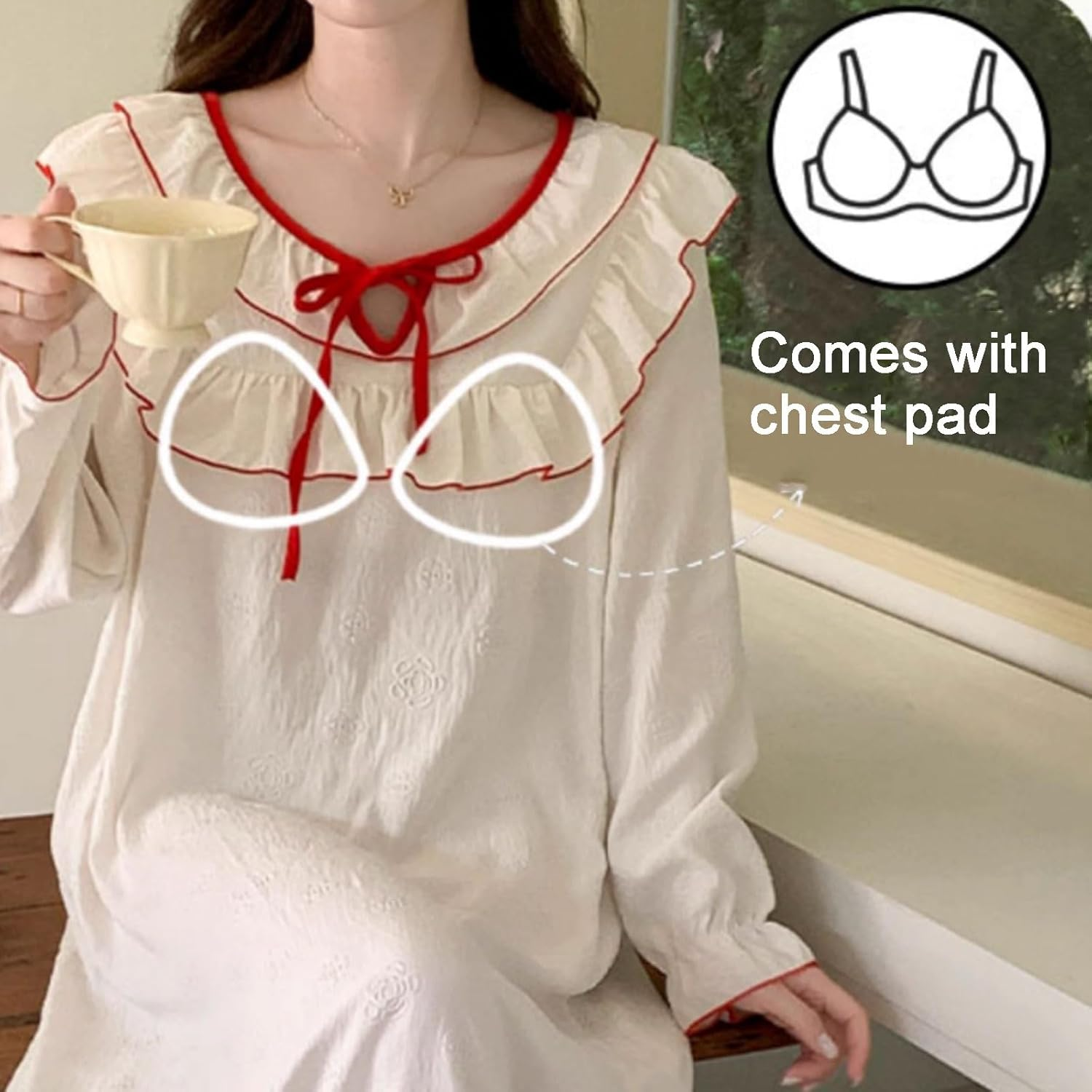 Polyester Fiber Nightgown round Neck with Chest Pad Nightdress Long Sleeve Can Be Worn Outside image number 4