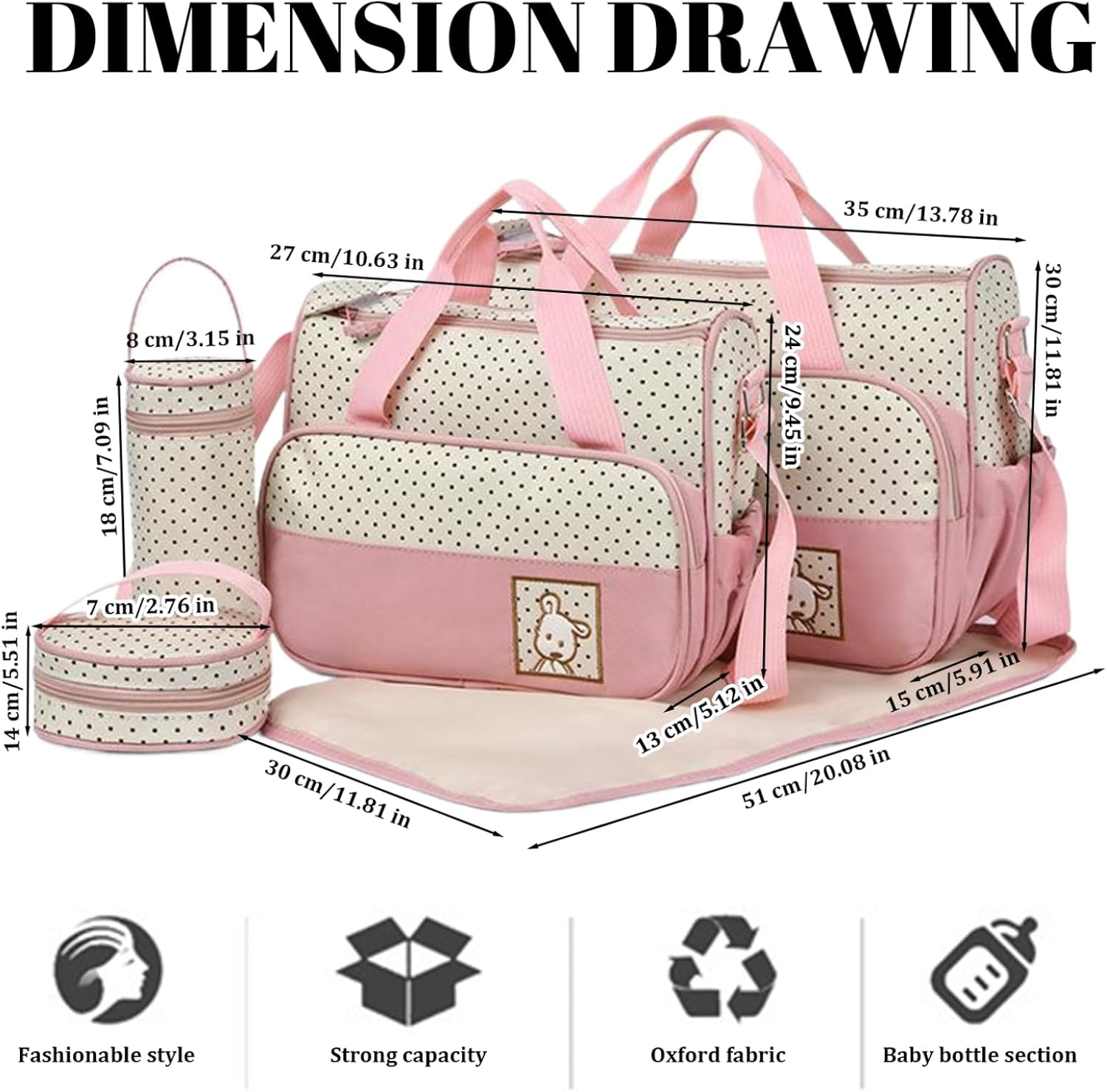 Diaper Bags for Baby, 5PCS Water & Dust Proof Diaper Bag Set with Two Handbags, Bottle Bag, Small Lunch & Mat, Portable Baby for Parents (Pink) image number 4