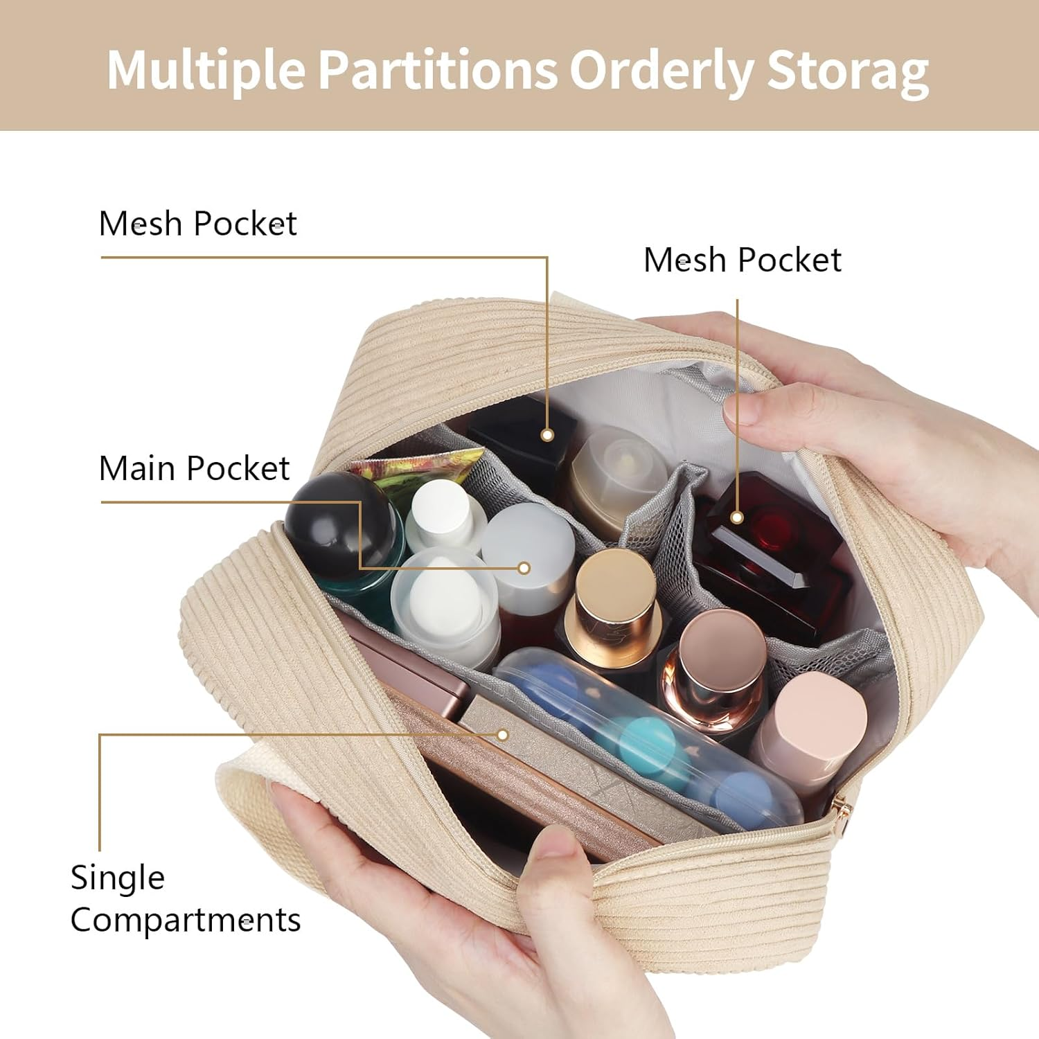 Large Capacity Travel Cosmetic Bag, Makeup Bag Corduroy Portable Large Cosmetics Bag with Handle Travel Cosmetic Bags for Women Girls(Beige)