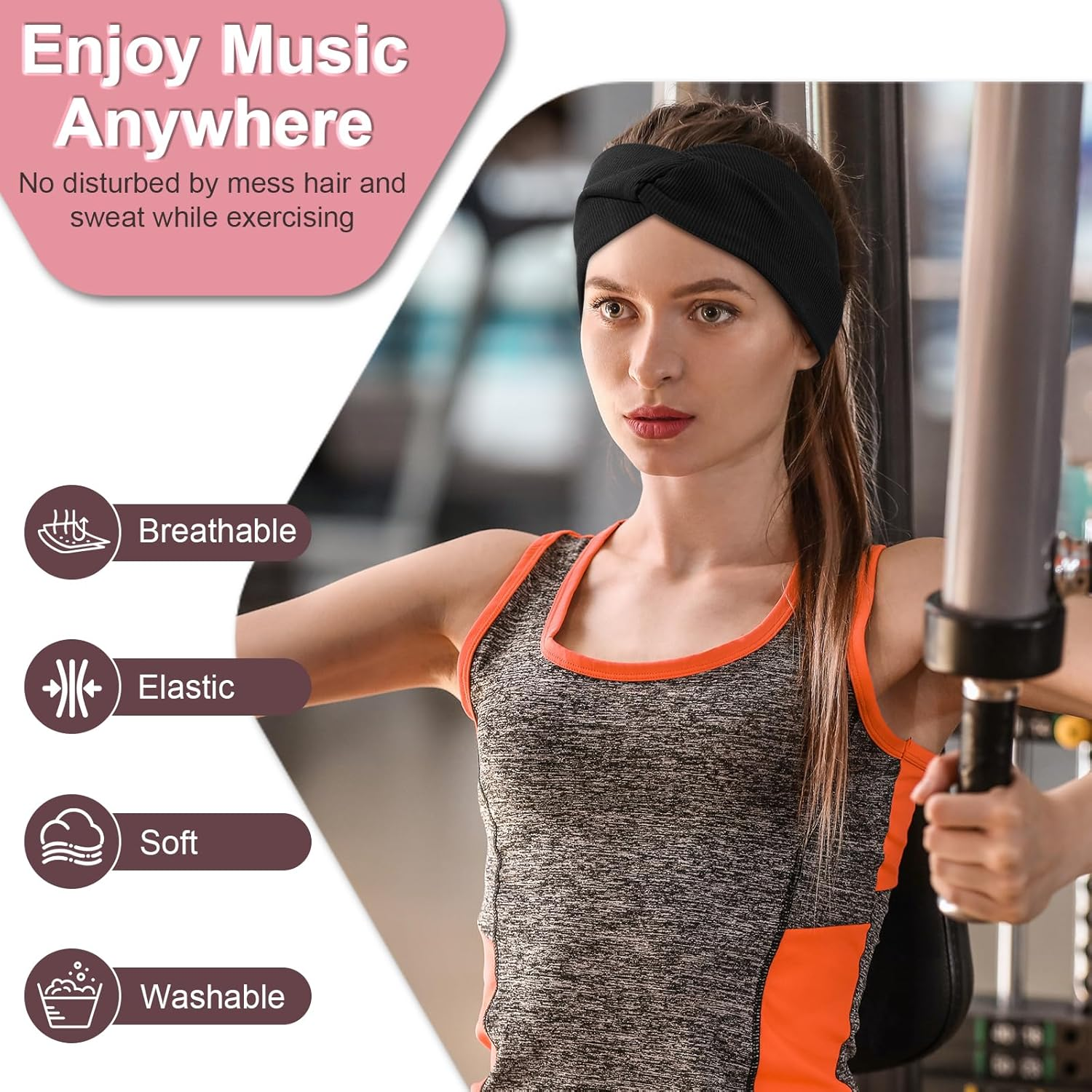 BULYPAZY 2-Pack Headband Headphones with Thin HD Speakers, Bluetooth Headband for Women, Stylish Knotted Headband, Cozy Band Headphones for Workout, Running, Yoga, Travel, Meditation - Red&Black image number 3