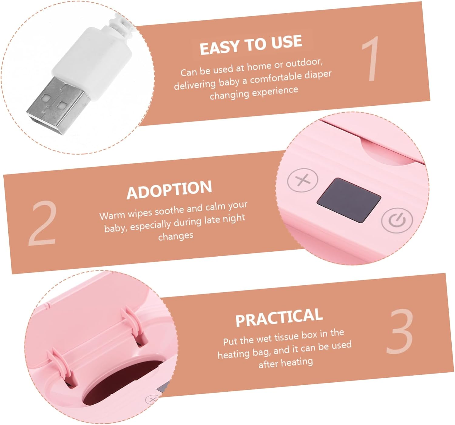 Portable Baby Wipe Warmer USB Powered Wet Tissue Warmer Adjustable Temperature Cherry Pink for Travel Home Car Newborns image number 6