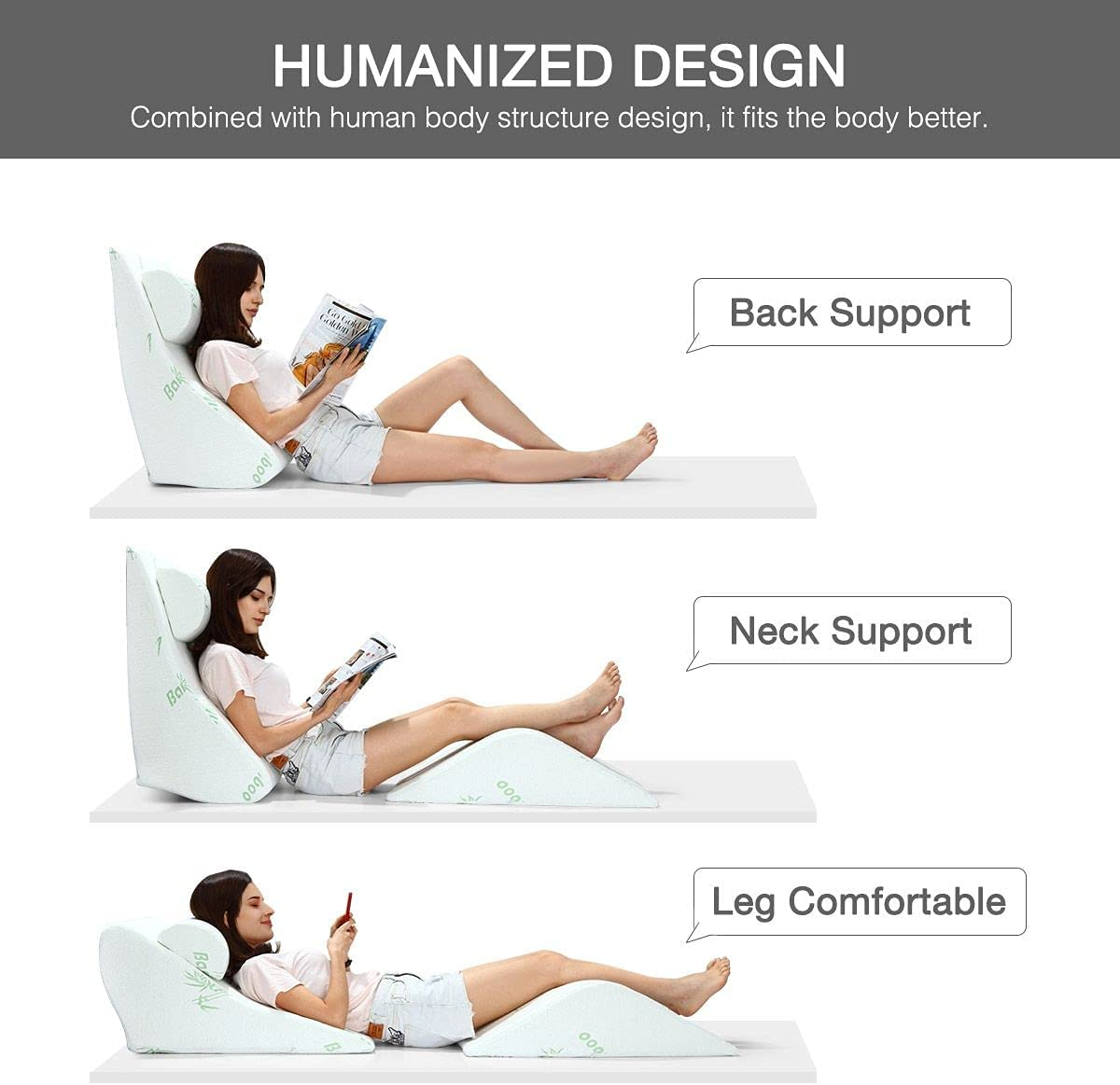 Luxdream 3Pcs Memory Foam Wedge Pillow Set Adjustable Bed Pillow for Back Support Leg Elevation Sleeping Knee Pain Relief Acid Reflux Reading Pillow with Removable Washable Bamboo Cover White image number 1