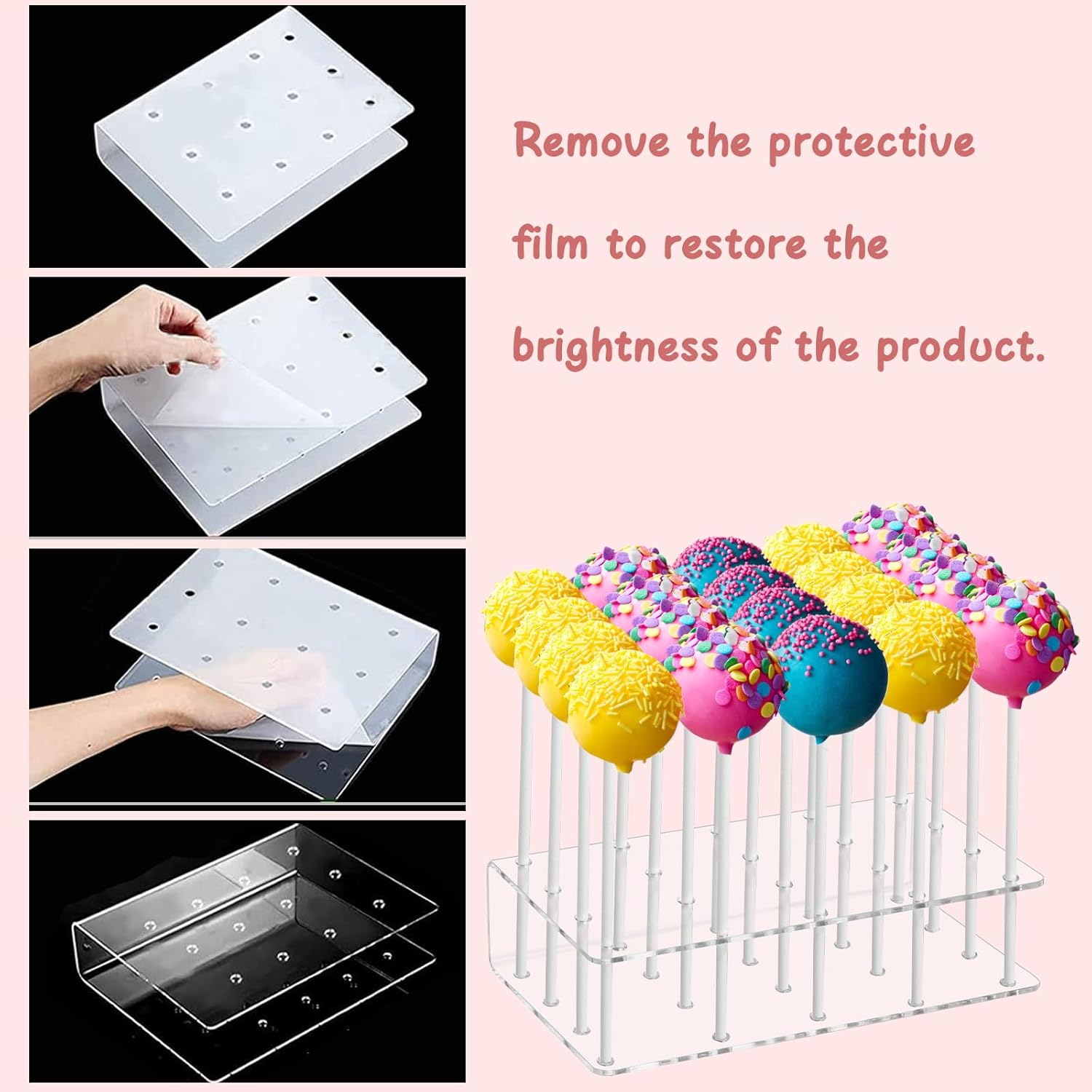 Lollipop Holder Display Stand 20 Holes Clear Acrylic Cake Pop Stand Holder with 100 Pcs Paper Sticks for Wedding Baby Shower Birthday Party Halloween Christmas Candy Decorative image number 3