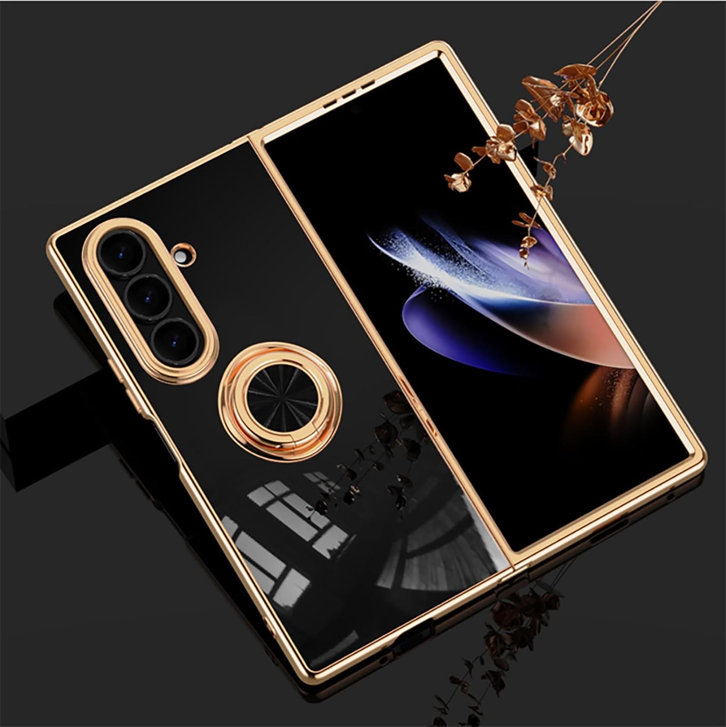 ILING Case for Samsung Galaxy Z Fold 7 with 360 Degree Ring Stand, Luxurious Galvanised Gold Trim, Soft TPU Silicone, Shockproof Protective Case, Ultra Thin Women'S Mobile Phone Case (Black)