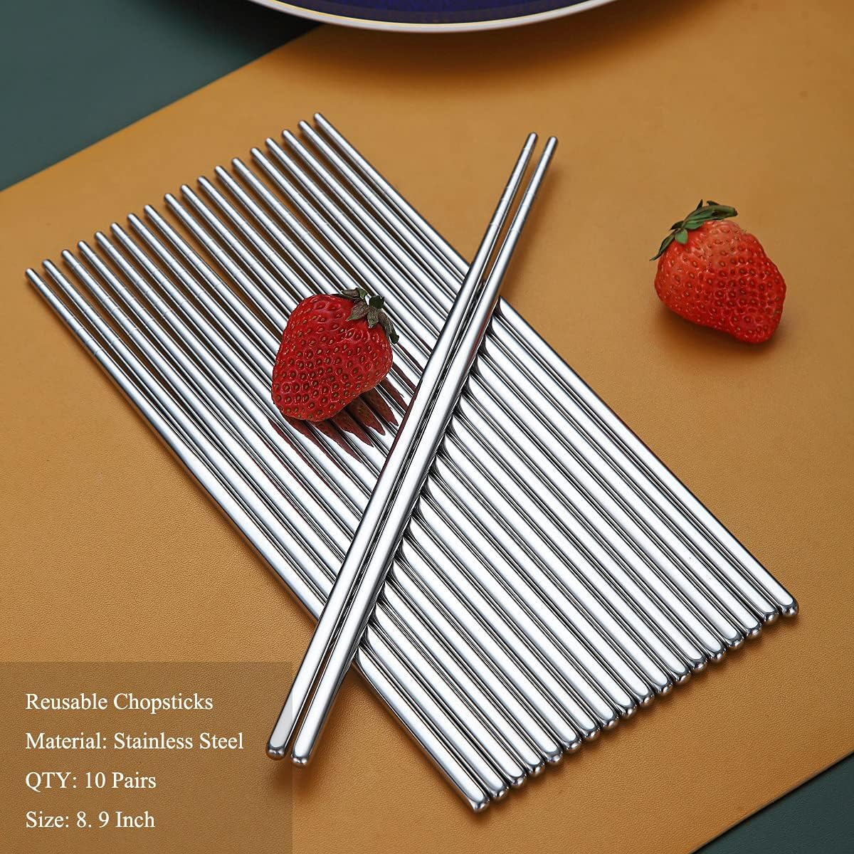 10 Pairs Reusable Chopsticks, Stainless Steel Metal Chop Sticks, Japanese Chinese Korean Chopstick Dishwasher Safe, 8.9 Inch (Silver / Chop Sticks)