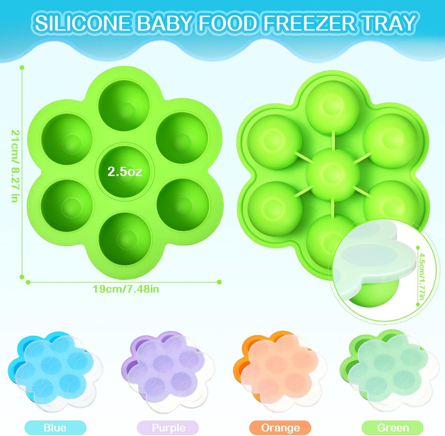 4 Pcs Silicone Baby Food Freezer Tray with Lid Stackable Reusable 2.5Oz Silicone Baby Food Freezer Molds Storage Tray for Homemade Egg Bite Vegetable Fruit Purees Breastmilk(Colorful) - Blue image number 3