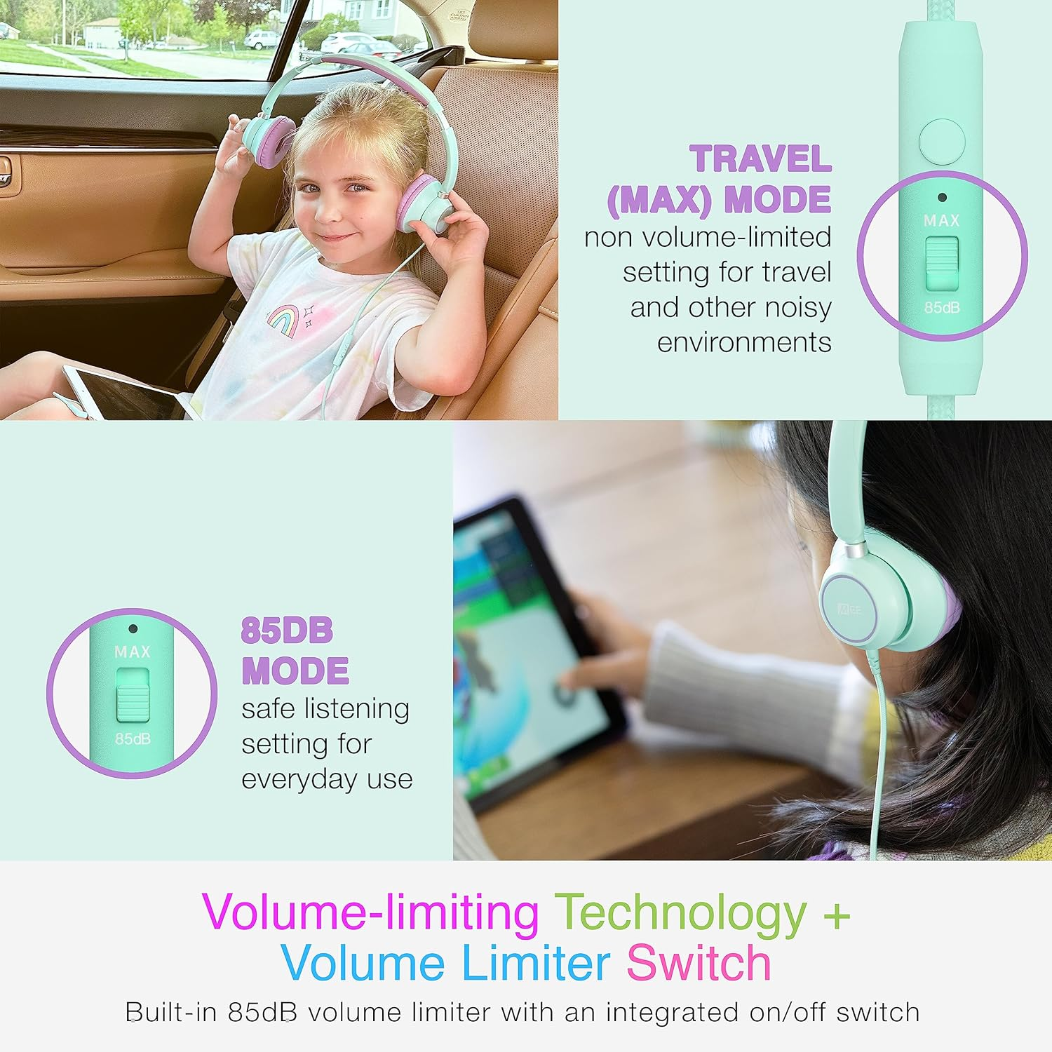 MEE Audio Kidjamz KJ45 Children&rsquo;S Safe Listening Headphones with Volume Limiter & Microphone, Adjustable On-Ear Kids Headset Wired W/3.5Mm Jack for Online Learning/School/Travel/Tablet (Mint/Lavender) image number 3