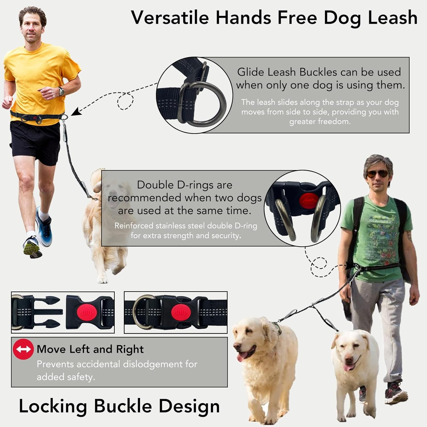 Hands Free Dog Leash for 2 Dogs- 360&deg;Swivel No Tangle Dual Dog Leash, Waist Leash for Dog Walking with Anti-Pull for Shock Absorption, Reflective Strips & Padded Handles,For Jogging, Running