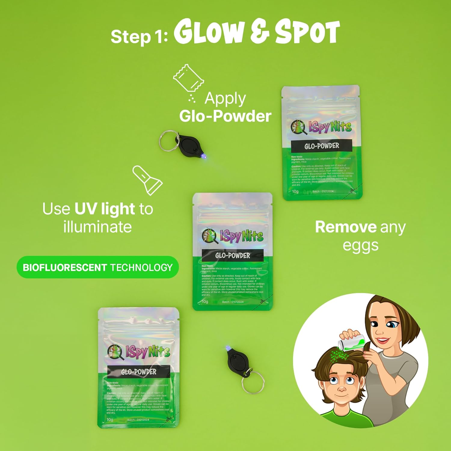 Ispy Family Nitkit Complete Head Lice Treatment & Detection Kit for 3-4 People &ndash; Biofluorescent Glo-Powder for UV Detection &ndash; Odourless Insecticide-Free Lotion &ndash; Glow-In-The-Dark Tattoos &ndash; UV Lights & Comb Included image number 1