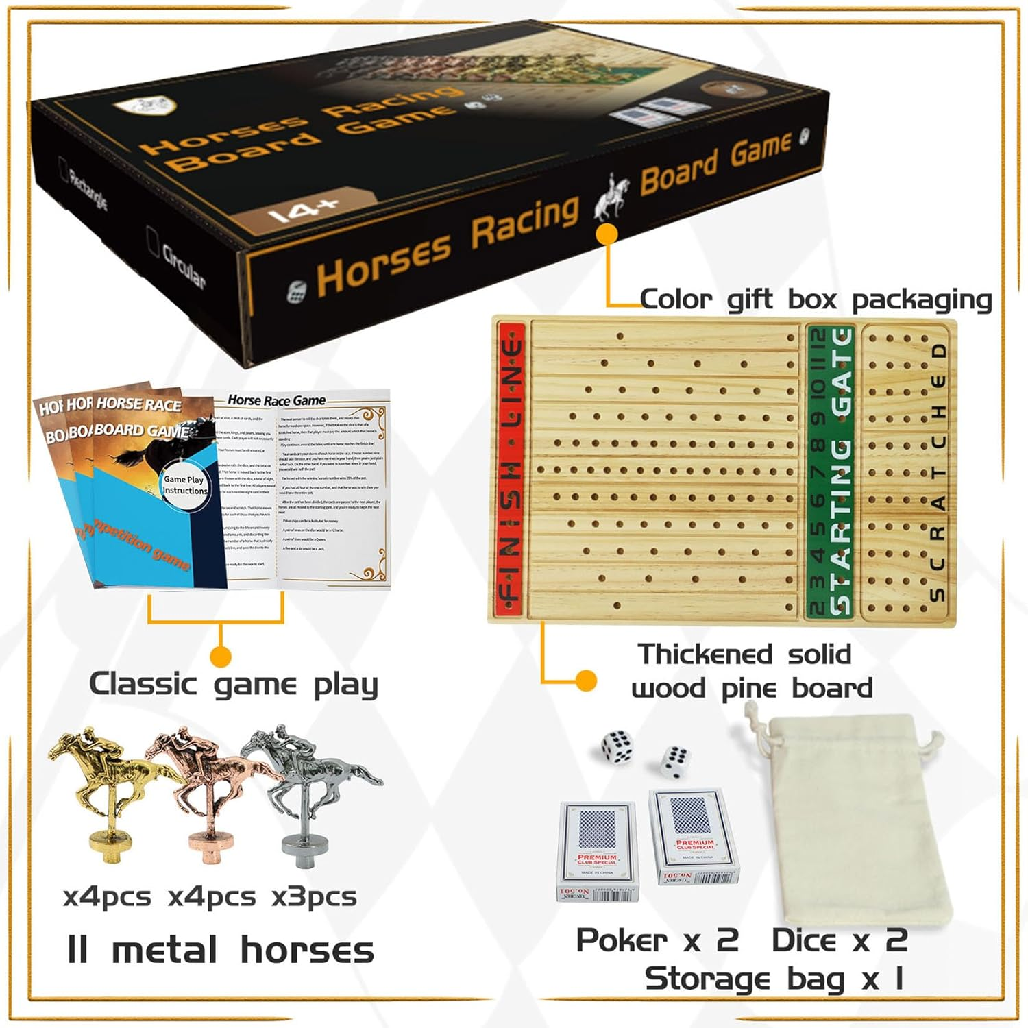Horse Racing Board Game Solid Wood with 11 Luxury Metal Horses Thickened Pine Finish LINE Race Game Chessboard Including 2 Sets of Dice and 2 Boxes of Cards(Log Color) image number 3