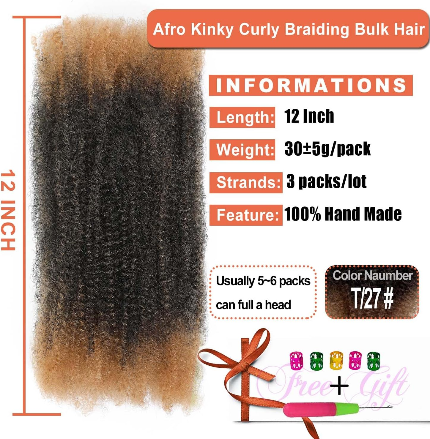 Afro Kinky Curly Synthetic Shark 12 Inch 3 Packs Marley Twist Hair Bulk for Dreadlock Extensions Spring Afro Twist Hair Bulk for Mini Twist Repair Locs (T/27#, 12 Inches) image number 3