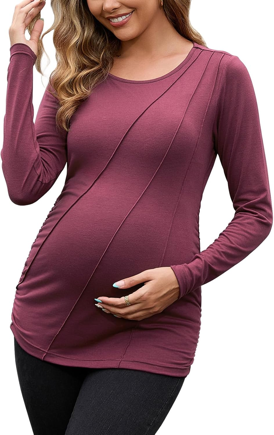 DEBELLY Maternity Long Sleeve Shirt Pleated Crew Neck Pregnancy Top for Women Side Ruched Work Lounge