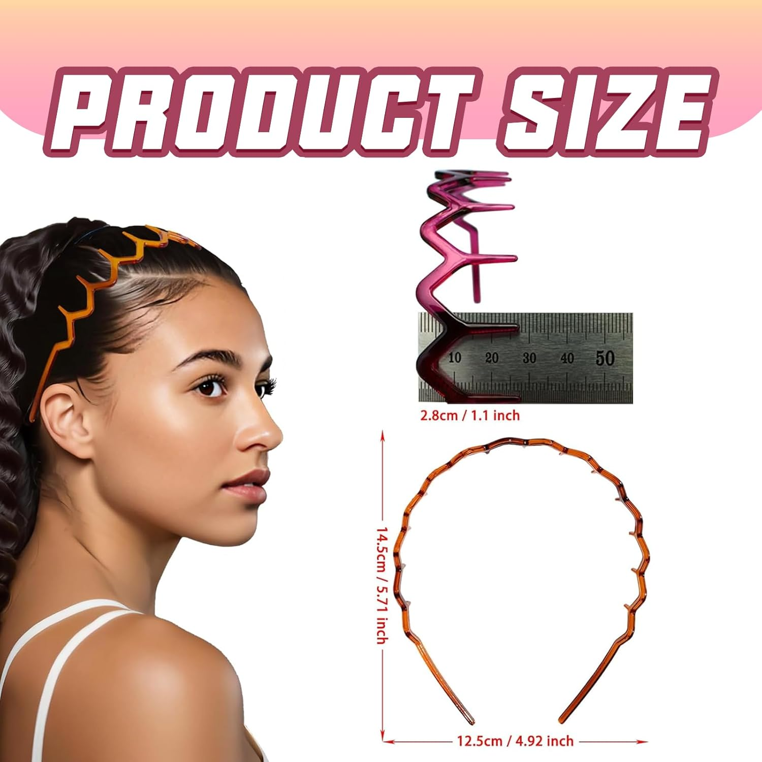3 Piece Zigzag Hair Comb Set - Plastic Shark Tooth Hair Brush, Headband, 90S Style (1 Black + 1 Brown + 1 Purple) image number 2